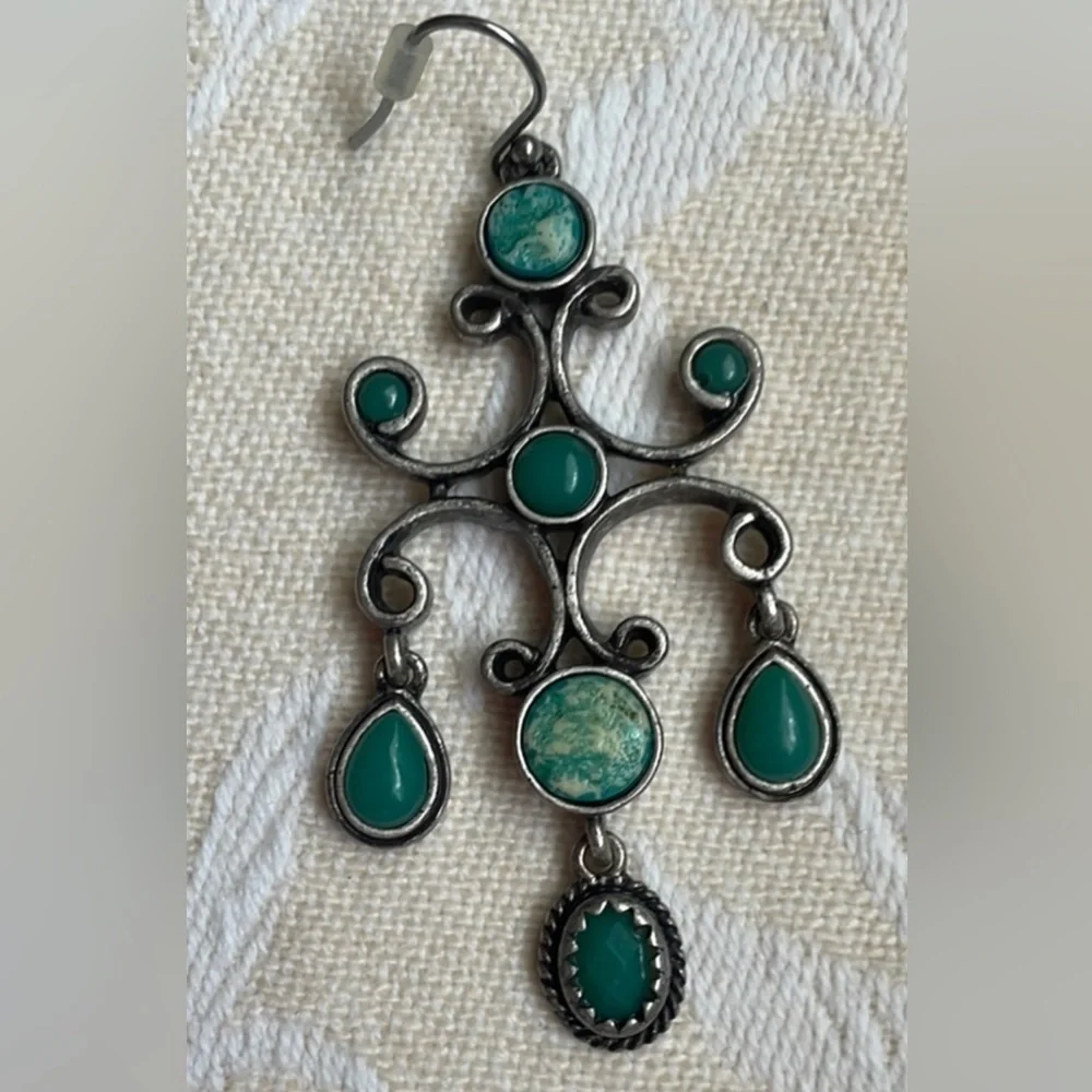 Silver and Green Dangle Earrings with Intricate Design